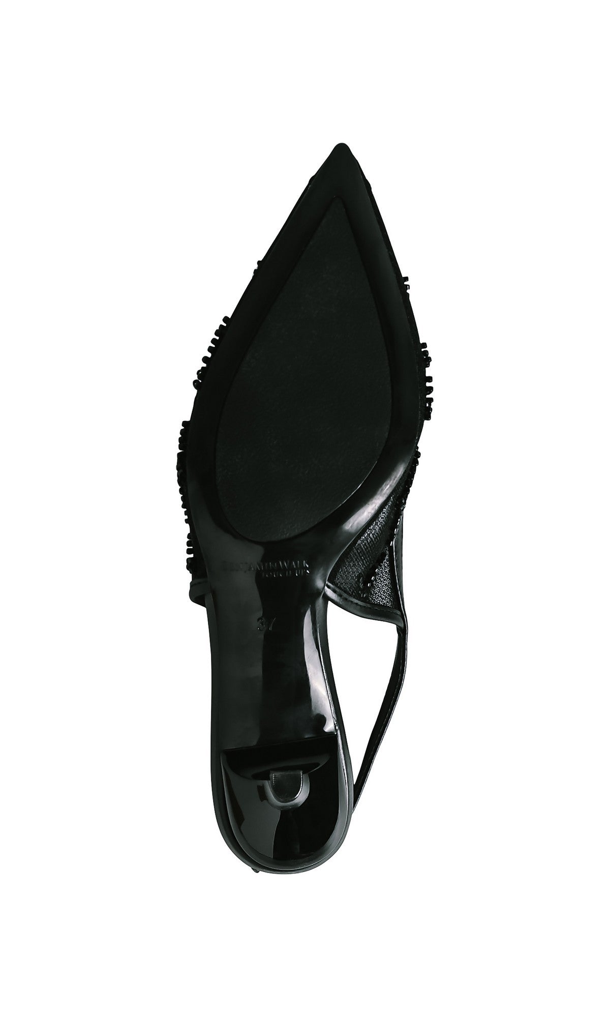 The Tori Black Prom Shoes: Touch Ups 4753 feature a pointed toe, textured outer edges, and a stylish slingback strap with kitten heels—ideal for adding elegance to your prom look.